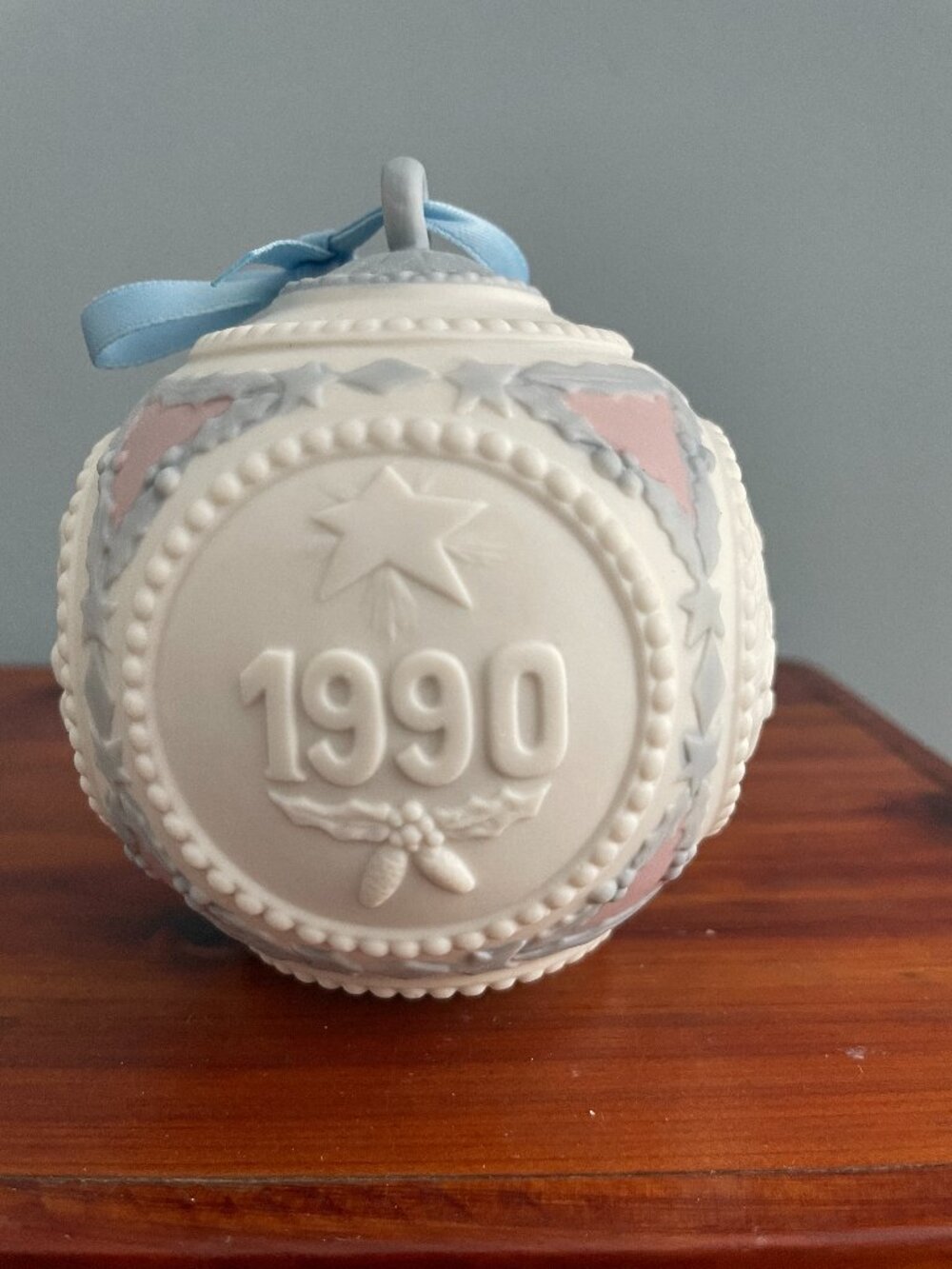 Lladro 1990 Christmas Ornament Ball Matte Porcelain Pink Blue White